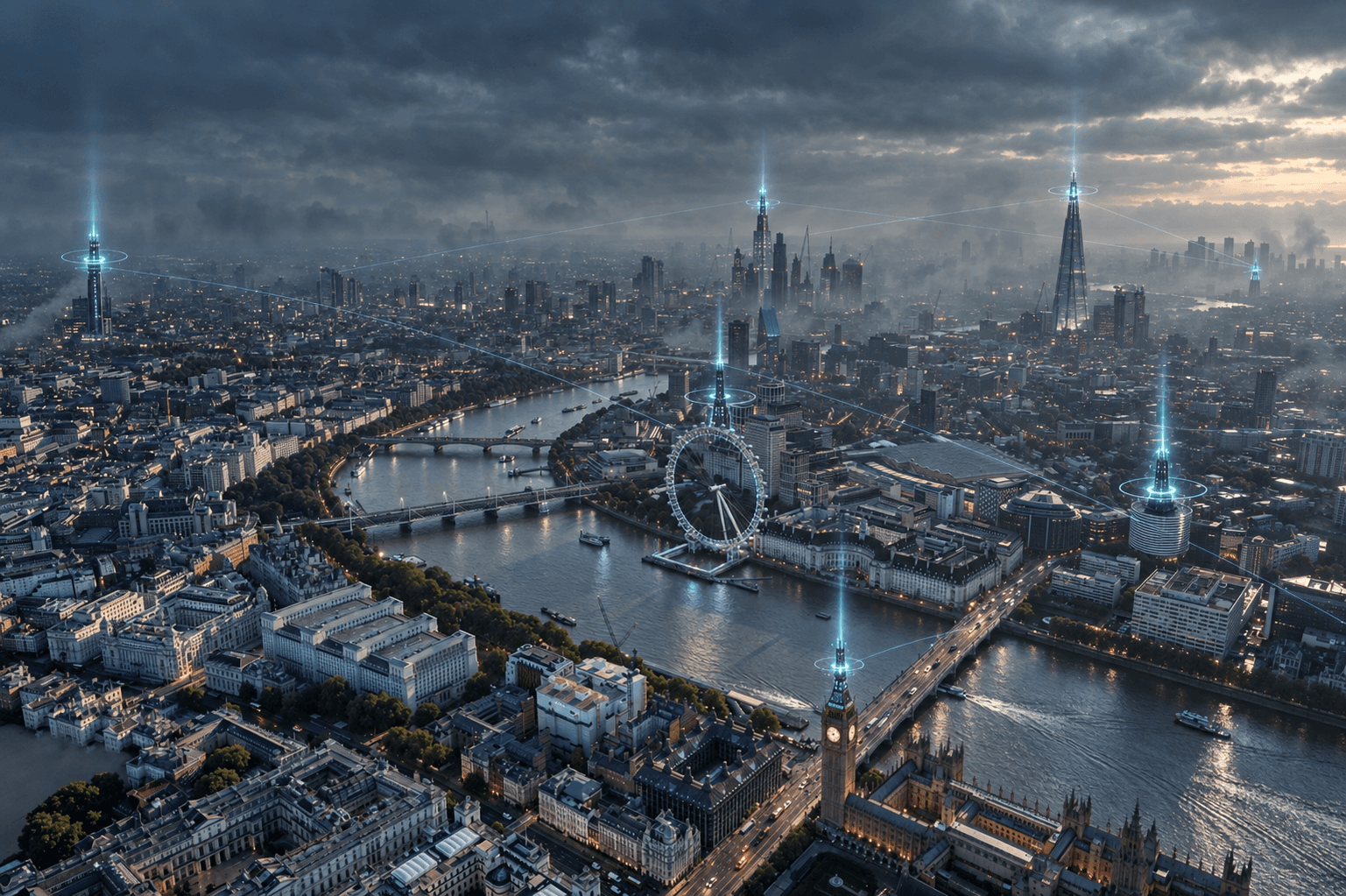 Aerial view of London connected by glowing network nodes