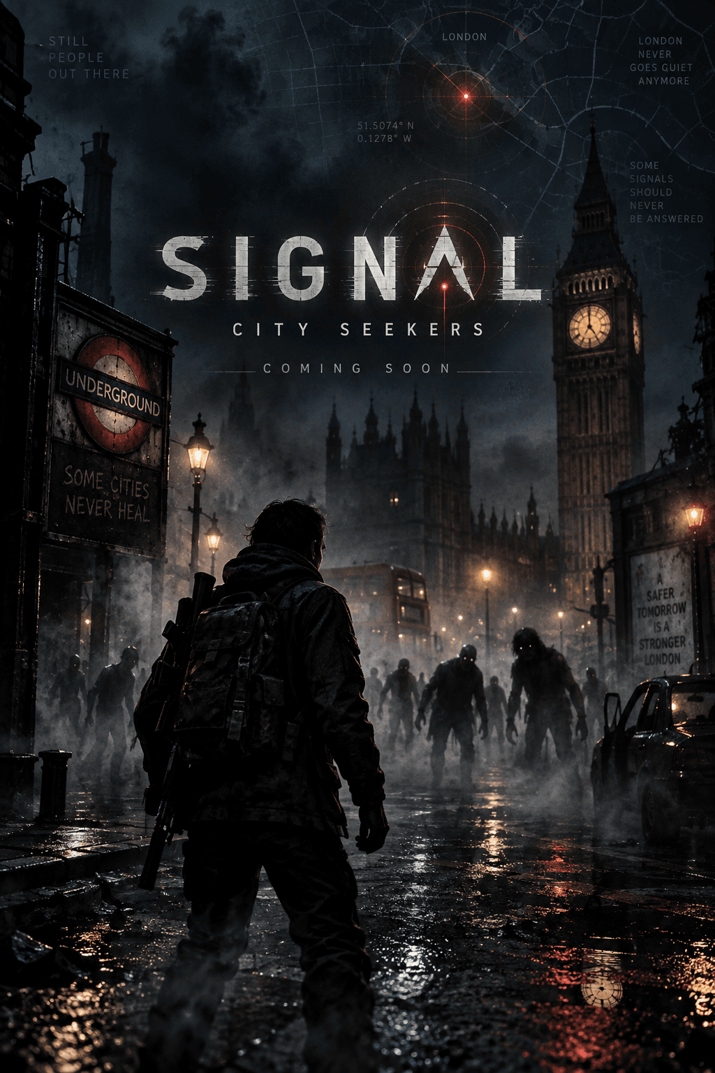 SIGNAL artwork showing a survivor facing a threat on a dark London street